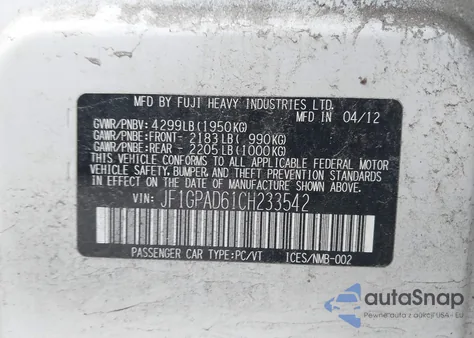 2012 Subaru Impreza 2.0I Premium z USA, uszkodzony, nr VIN JF1GPAD61CH233542